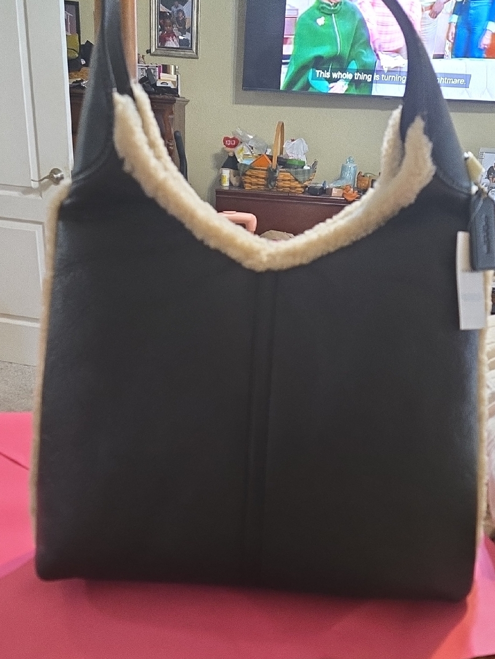 Coach Cozy Faux-Shearling Trim Black Tote Bag